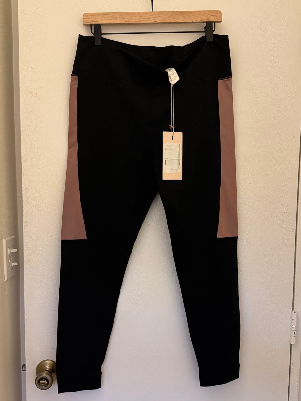 Fabletics Demi Lovato Black Leggings with Mauve Side Panels